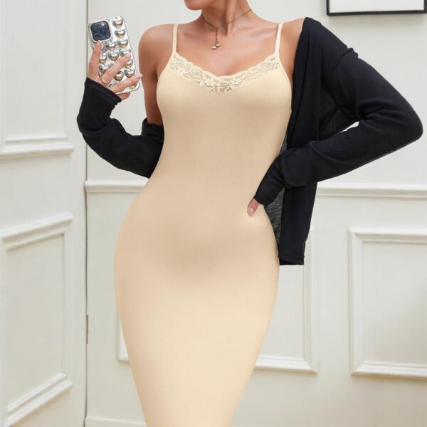⁦Elegant Beige Cami Dress with Lace Trim PLR001⁩ - الصورة ⁦2⁩